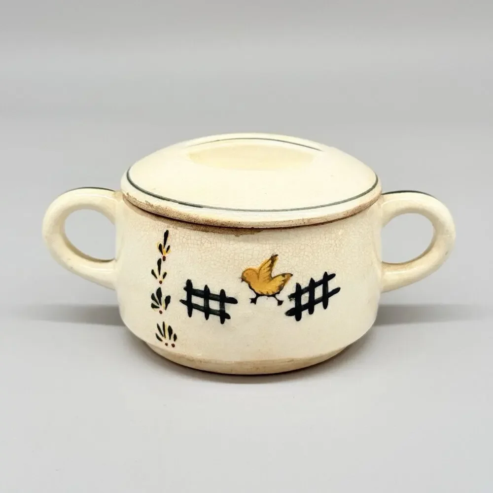 Vintage Stoneware Sugar Bowl With Lid & Handles Bird Design Cream Green Yellow